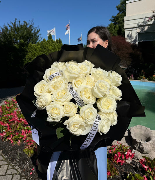 25 WHITE PEONY ROSES/ BLACK WRAPPING