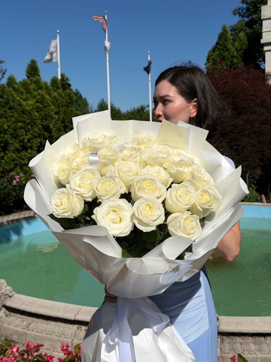 25 WHITE PEONY ROSES/ WHITE WRAPPING