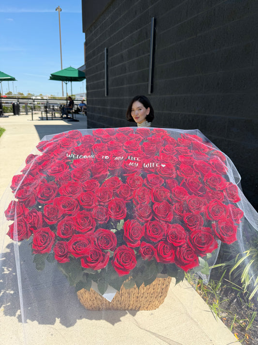 100 RED ROSES IN A BASKET
