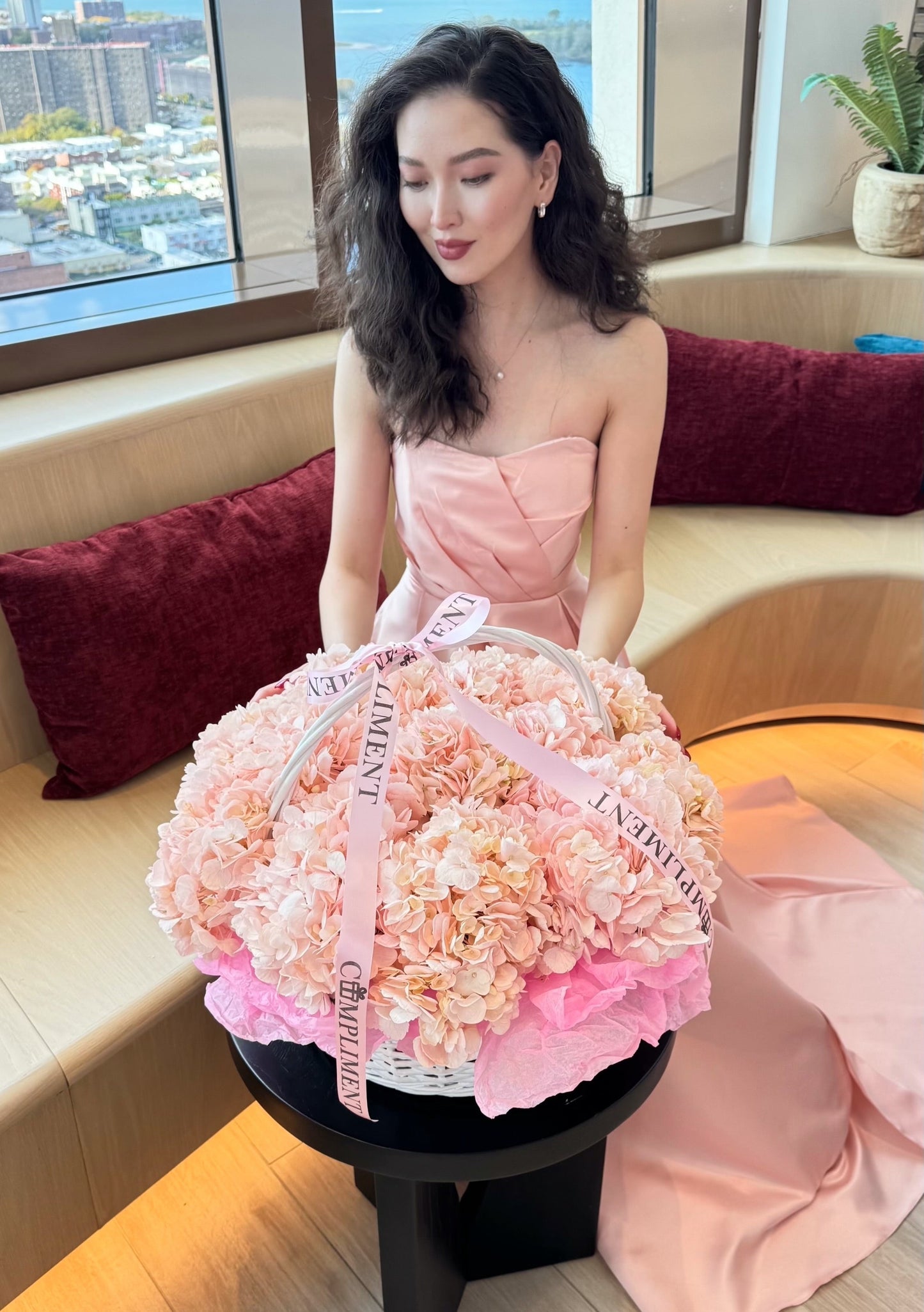 BASKET/ PINK HYDRANGEAS