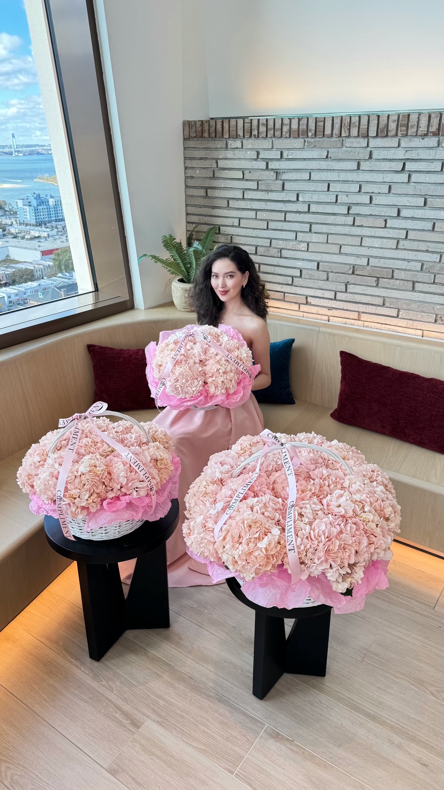 BASKET/ PINK HYDRANGEAS