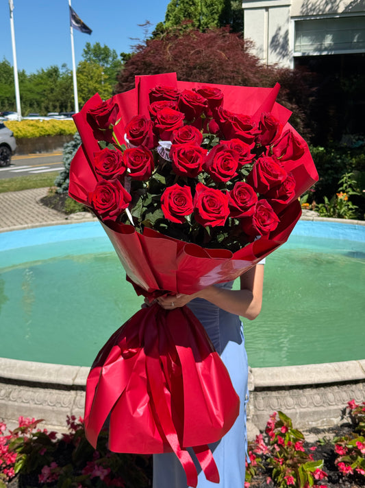 25 RED ROSES/ RED WRAPPING